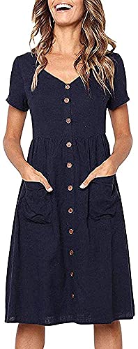 Damen Kleid Sommer Kurzarm V-Ausschnitt Tasten Dekoration Midi Kleider Elegant A-Linie Freizeitkleider mit Taschen Size L = EU 38-40 von TEDD