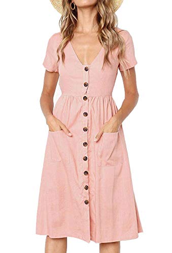 Damen Kleid Sommer Kurzarm V-Ausschnitt Tasten Dekoration Midi Kleider Elegant A-Linie Freizeitkleider mit Taschen Size L = EU 38-40 von TEDD