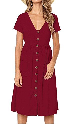 Damen Kleid Sommer Kurzarm V-Ausschnitt Tasten Dekoration Midi Kleider Elegant A-Linie Freizeitkleider mit Taschen Size L = EU 38-40 von TEDD