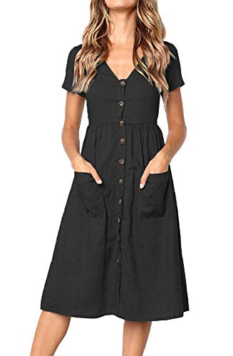 Damen Kleid Sommer Kurzarm V-Ausschnitt Tasten Dekoration Midi Kleider Elegant A-Linie Freizeitkleider mit Taschen Size L = EU 38-40 von TEDD