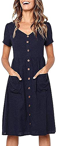 Damen Kleid Sommer Kurzarm V-Ausschnitt Tasten Dekoration Midi Kleider Elegant A-Linie Freizeitkleider mit Taschen Size M = EU 36-38 von TEDD
