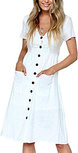 Damen Kleid Sommer Kurzarm V-Ausschnitt Tasten Dekoration Midi Kleider Elegant A-Linie Freizeitkleider mit Taschen Size M = EU 36-38 von TEDD