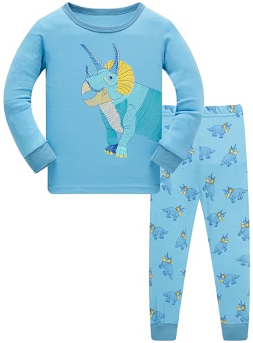 TEDD Jungen Schlafanzug Dinosaurier Langarm Zweiteilig Pyjama Kinder Baumwolle Schlafanzüge Set Winter Weihnachten Nachtwäsche Größe 5-6 Jahre von TEDD
