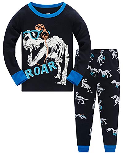 TEDD Jungen Schlafanzug Dinosaurier Langarm Zweiteilig Pyjama Kinder Baumwolle Schlafanzüge Set Winter Weihnachten Nachtwäsche Größe 5-6 Jahre von TEDD