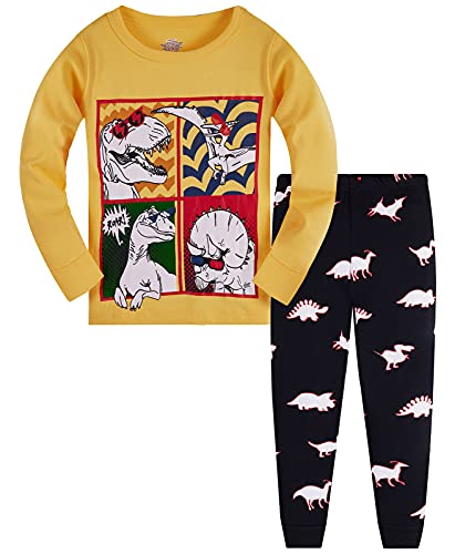 TEDD Jungen Schlafanzug Dinosaurier Langarm Zweiteilig Pyjama Kinder Baumwolle Schlafanzüge Set Winter Weihnachten Nachtwäsche Größe 6-7 Jahre von TEDD