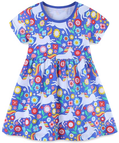 TEDD Mädchen Kleider Kurzarm Einhorn Blumen Sommerkleid Baumwolle Kleid Geburtstag Party Mädchenkleid Gr. 92-122 3-4 Jahre von TEDD