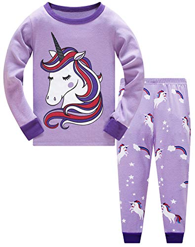 TEDD Mädchen Schlafanzug Baumwolle Süß Einhorn Langarm Zweiteiliger Schlafanzüge Set Kinder Nachtwäsche Winter Weihnachten Pyjama Größe 6-7 Jahre von TEDD