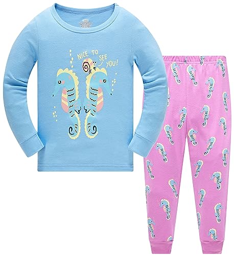 TEDD Mädchen Schlafanzug Baumwolle Süß Seepferdchen Langarm Zweiteiliger Schlafanzüge Set Kinder Nachtwäsche Winter Weihnachten Pyjama Größe 6-7 Jahre von TEDD