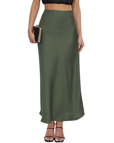 Maxirock für Damen, Leopardenmuster, Satin, hohe Taille, elastischer Bund, Seide, A-Linie, lässig, Party, 2025, Sommer, lange Röcke, Oliv/Blatt für mich (Leaf It to Me), Mittel von TEDDIFY