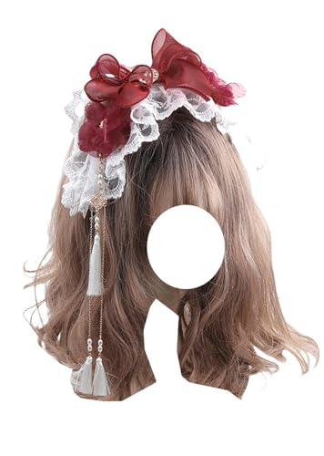 Elegantes Lolita-Band, Stirnband, Spitze, Schleife, Haarband, Dienstmädchen-Haarschmuck für Damen, Rot, Einheitsgröße von TEDPRBGE