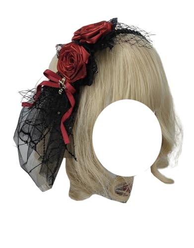 Gothic Rose Stirnband Spitze Schleife Kopfbedeckung Lolita Dienstmädchen Cosplay Haarband Party Haarschmuck für Frauen (Schwarz Rot Haarband, Einheitsgröße) von TEDPRBGE
