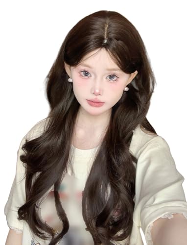 Langes lockiges Haar, braun/schwarz, hitzebeständige Faser-Perücken für Damen, 63,5 cm (Schwarzbraun) von TEDPRBGE
