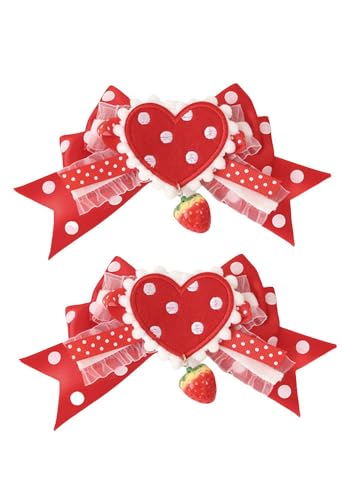 Lolita Haarspangen mit Schleife, gepunktet, 2 Stück, Erdbeer-Haarspange für Damen (Roter Erdbeer-Anhänger) von TEDPRBGE