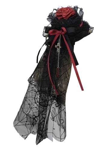 Mini-Zylinder mit Haarspange, Rosenhut mit Halteklammer, Lolita-Teeparty-Hut für Damen (schwarz-rot, Mini-Zylinder + Schleier) von TEDPRBGE