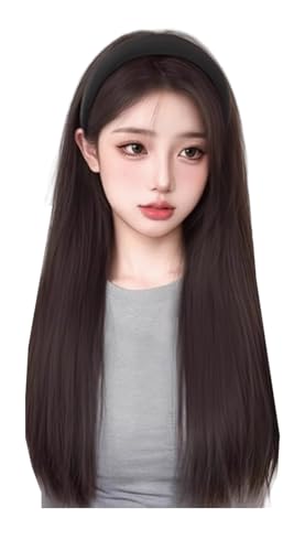 Stirnband-Perücke, abnehmbares Stirnband, weich und natürlich wie Echthaar, synthetische Halbkopfperücke für Damen, 58,4 cm, Schwarz / Braun von TEDPRBGE
