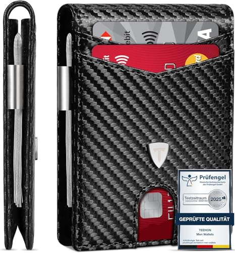 TEEHON Geldbörse Herren Slim Wallet RFID Blocking Kohlefaserleder Portmonee Herren mit 11 Kartenetui, Ausweisfenster, Geldscheinklammer, Minimalistischer Geldbeutel mit Geschenkbox - Schwarz (Schwarz) von TEEHON