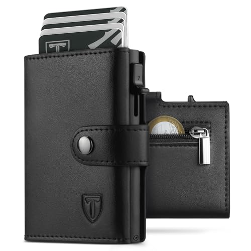 TEEHON Geldbörse Herren RFID Blocking Kunstleder, Portmonee Herren mit 5 Kartenetui, Geldbeutel mit Geldscheinfach, Münztasche & ID-Fenster Knopfverschluss - Schwarz von TEEHON