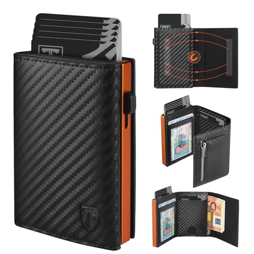 TEEHON Geldbörse Herren mit RFID-Schutz –Kohlefaserleder Portmonee Herren, 8 Kartenetui, ID-Fenster, Münztasche, Geldscheinfach mit Geschenkbox (Schwarz Orange) von TEEHON