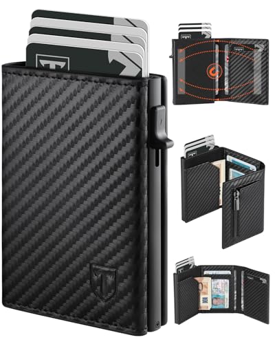 TEEHON Leder Geldbörse Herren mit Münzfach & RFID Schutz | Slim Wallet Kreditkartenetui mit Banknotenfächer | Carbon Geldbeutel Herren Kartenetui Klein& ID-Fenster | Mini Portmonee Herren | Schwarz von TEEHON