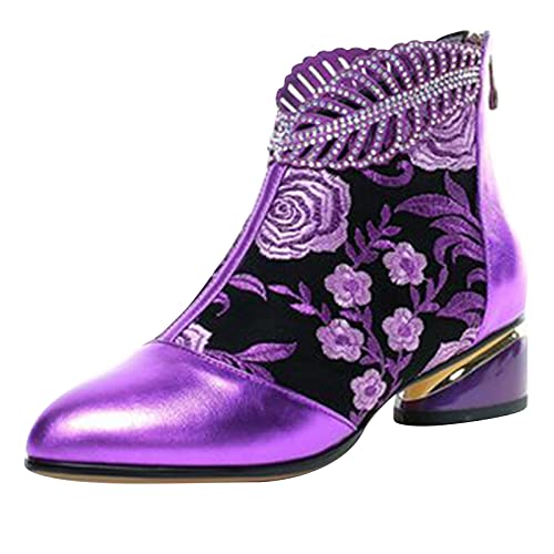 Damen-Schuhe, kurze Stiefel, Blumenmuster, bestickt, spitzer Zehenbereich, Reißverschluss, Cowboystiefel, klassische Cowboystiefel, Business, Büro, Arbeit, Party, violett, 39.5 EU von TEELONG