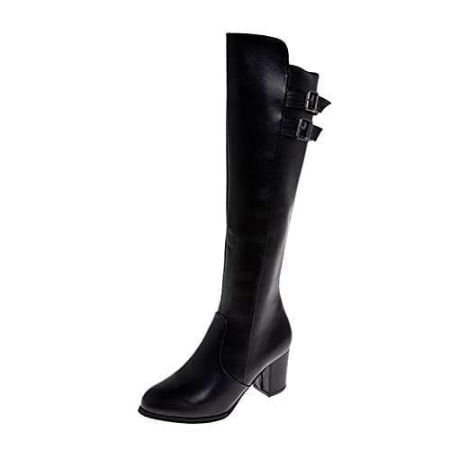 TEELONG Langer Damenstiefel, wadenhoch, Kunstleder, spitzer Zehenbereich, Gürtelschnalle, modische Overknee-Stiefel, Reitstiefel, Größe 37, 38, 39, 40 (Schwarz, 39), Schwarz , 39 EU von TEELONG