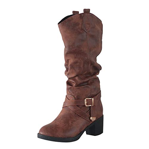 TEELONG Damen Halbstiefel, Kunstleder, Kreuzriemen, Kniehohe Schnalle, Cowboystiefel, Low-Heel, Schlupfstiefel, leicht, für Herbst und Winter, Bequeme Schuhe, Braun - braun - Größe: 39 1/3 EU von TEELONG