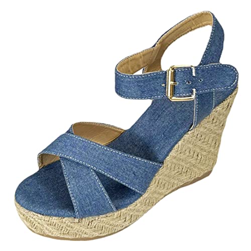 TEELONG Damen Offene Zehenpartie Knöchelriemen Sandalen Urlaub Denim Keilsandalen Leopard Sandalen für Frauen Größe 9, Z1 Hellblau, 38 EU von TEELONG