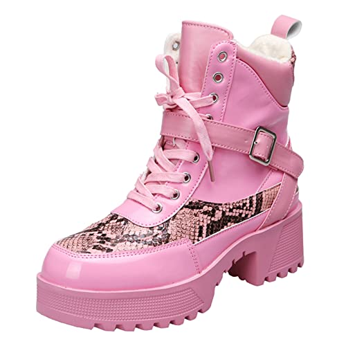 TEELONG Damen-Schneestiefel, Damen, Plateau, kurze Stiefel, klobiger Blockabsatz, Stiefel, Kunstleder, Schnürschuhe, Herbst, Winter, lässige Schuhe, modische Streetwear, hot pink, 39 EU von TEELONG