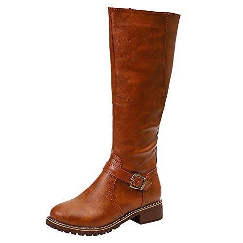 TEELONG Damen Schuhe Mädchen Schulschuhe Damen knielang Stiefel Vintage Square Heel Rücken Reißverschluss Kunstleder Stiefel Winter Herbst halten Warm Stiefel Runde Zehen Schuhe, gelb, 37.5 EU von TEELONG