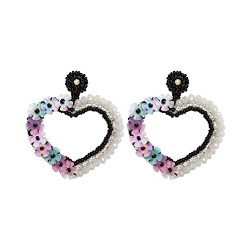TEELONG Perlenohrringe Handgewebtes Pailletten-Kristallherz Valentinstag Herzförmige Ohrringe Ohrringe Mädchen Set Mit Kette (Black, One Size) von TEELONG