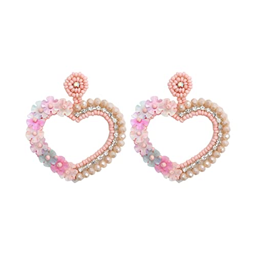 TEELONG Perlenohrringe Handgewebtes Pailletten-Kristallherz Valentinstag Herzförmige Ohrringe Ohrringe Mädchen Set Mit Kette (Pink, One Size) von TEELONG