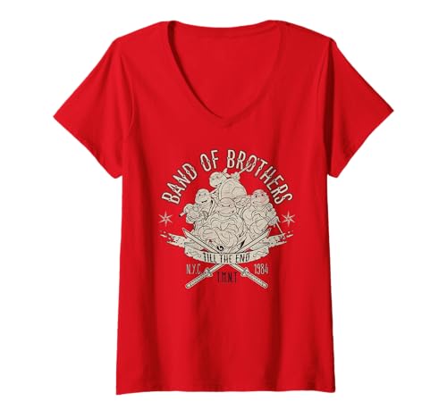 Damen TMNT Band of Brothers Till the End Retro Cartoon T-Shirt mit V-Ausschnitt Damen TMNT Band of Brothers Till the End Retro Cartoon T-Shirt mit V-Ausschnitt von Teenage Mutant Ninja Turtles