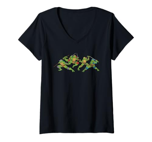 Damen TMNT Front and Back Heroes in a Half Shell Retro Cartoon T-Shirt mit V-Ausschnitt von Teenage Mutant Ninja Turtles