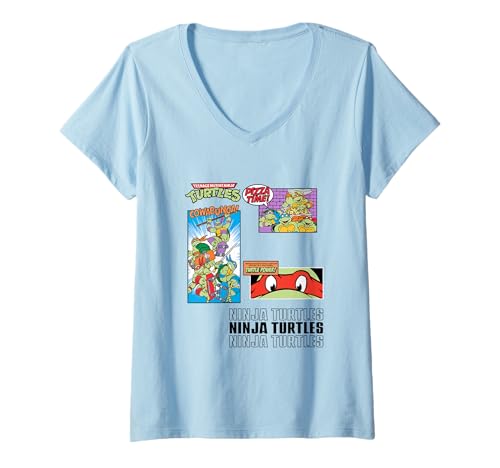 Damen Teenage Mutant Ninja Turtles Pizza Time Comic Box Up Retro T-Shirt mit V-Ausschnitt von Teenage Mutant Ninja Turtles