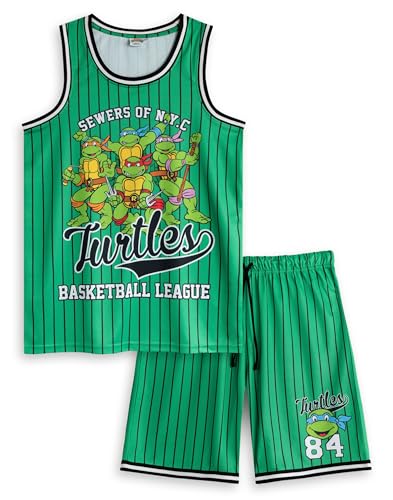 Teenage Mutant Ninja Turtles Herren-Basketball-Set, Grün | 2-teiliges Turtles-Basketballliga-Outfit | Sportbekleidung | Leonardo, Donatello, Michelangelo und Raffael | Ninja Turtles Merch von Teenage Mutant Ninja Turtles