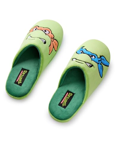 Teenage Mutant Ninja Turtles Herren Hausschuhe | TMNT Leonardo & Mikey Character Face Slip-On-Pantoletten in Grün mit Gummisohle | Animierter Krieger-Cartoon-Innenraum-Schlafzimmer-Schuhwerk von Teenage Mutant Ninja Turtles