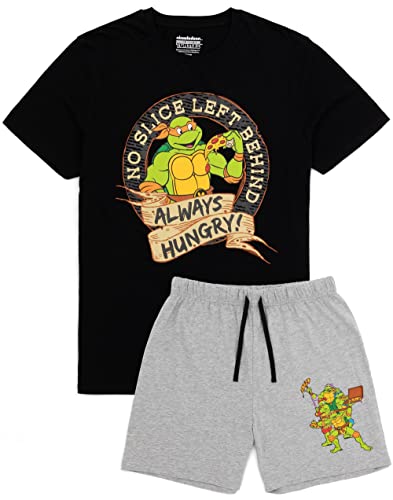 Teenage Mutant Ninja Turtles Herren Pyjamas | Michelangelo Warrior Charakter Pizza Schwarz T-Shirt Graue Shorts Pyjamas | TMNT Merchandise von Teenage Mutant Ninja Turtles