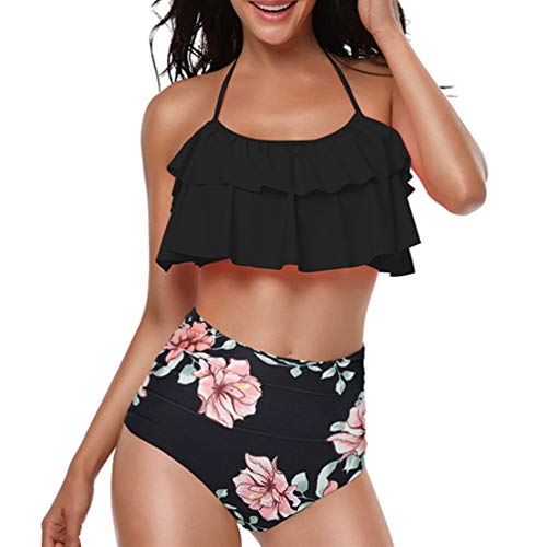 TEERFU Damen-Bikini-Set, hohe Taille, Neckholder, Badeanzug, Oberteil mit Rüschen Gr. S, Schwarz von TEERFU