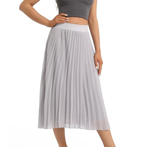 TEERFU Damen Chiffon Faltenröcke Elastisch Hohe Taille A Linie Midi Casual Langer Rock, grau, 48 von TEERFU