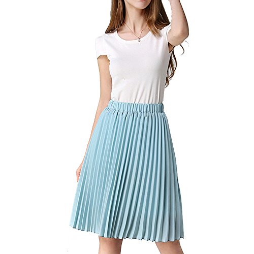 TEERFU Damen Elegant Chiffon Solide Hohe Taille Layered Plissee A-Linie Midi Swing Rock von TEERFU