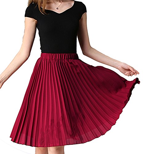 TEERFU Damen Elegant Chiffon Solide Hohe Taille Layered Plissee A-Linie Midi Swing Rock von TEERFU