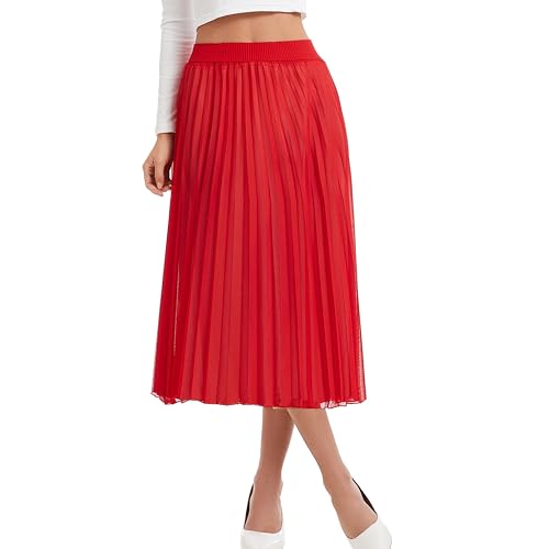 TEERFU Damen-Faltenrock, Midi-Sommer, lässig, Abend, elastische Taille, Party, Swing, rot, 36 von TEERFU