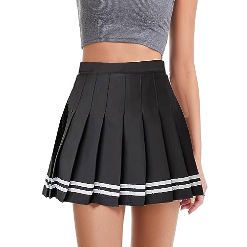 TEERFU Damen Mädchen Kurze Hohe Taille A-Linie Plissee Skater Tennis Rock Schule Minirock mit Futter Shorts, Blackstripe, 30/32 DE von TEERFU