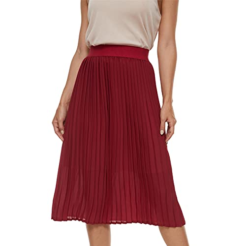 TEERFU Damen Sommer Boho Faltenrock Casual Chiffon Hohe Taille Elastische A-Linie Midi Lange Röcke, weinrot, 38 von TEERFU