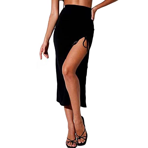 TEERFU Damen Sommer Schlitz Rock Boho Split Twist Front Oberschenkel Hohe Taille Elastische Midi Ruched Rock, Schwarz , M von TEERFU