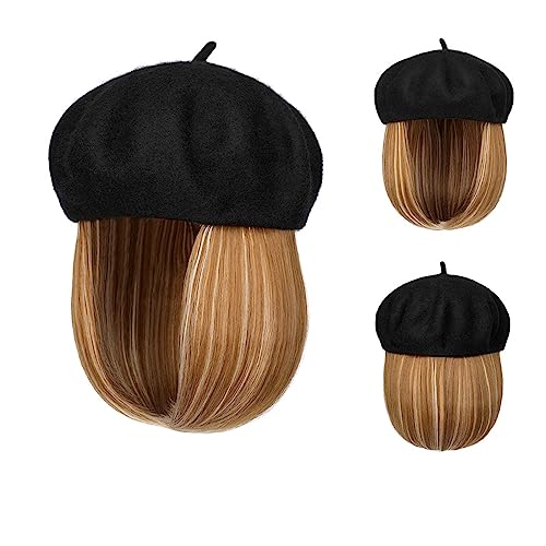 Kappe mit Haarverlängerungen für Damen Bob Hat Perücke 9,5 Zoll Gerade Kurze Synthetische Bobo Perücken Hut Mit Natürlichem Haar Hut Perücke für Frauen(3) von TEESONG