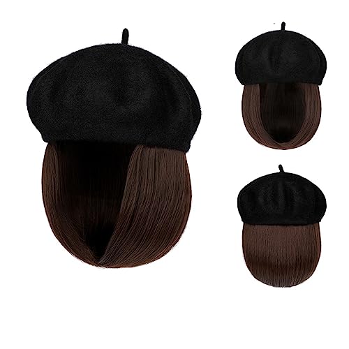 Kappe mit Haarverlängerungen für Damen Bob Hat Perücke 9,5 Zoll Gerade Kurze Synthetische Bobo Perücken Hut Mit Natürlichem Haar Hut Perücke für Frauen(6) von TEESONG