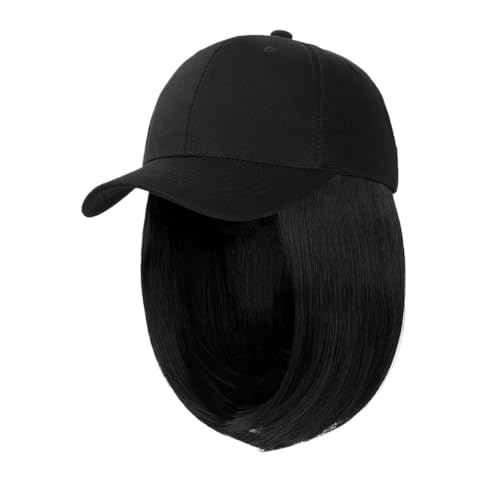 Kappe mit Haarverlängerungen für Damen Kappe Synthetische Perücke Haarverlängerungen Haar Perücken für Frauen Kurze Gerade Bob Hohe Temperatur Faser Einstellbare Hip Hop Baseball Kappe Hut Perücke für von TEESONG