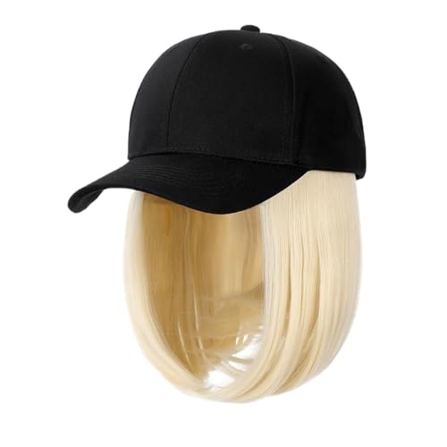 Kappe mit Haarverlängerungen für Damen Kappe Synthetische Perücke Haarverlängerungen Haar Perücken für Frauen Kurze Gerade Bob Hohe Temperatur Faser Einstellbare Hip Hop Baseball Kappe Hut Perücke für von TEESONG