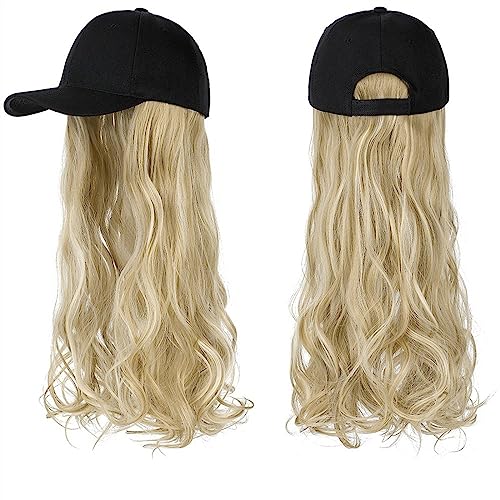 Kappe mit Haarverlängerungen für Damen Lange gewellte synthetische Perücke Baseballkappe mit Haarverlängerungen Hutperücken Knochen Natural Black Connect Wig Einstellbar für Frauen Hut Perücke für von TEESONG